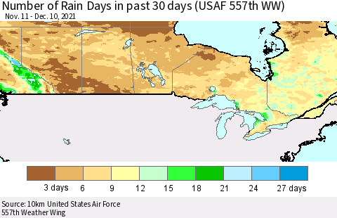 Canada Number of Rain Days in past 30 days (USAF 557th WW) 12/10/2021 Thematic Map For 12/6/2021 - 12/10/2021