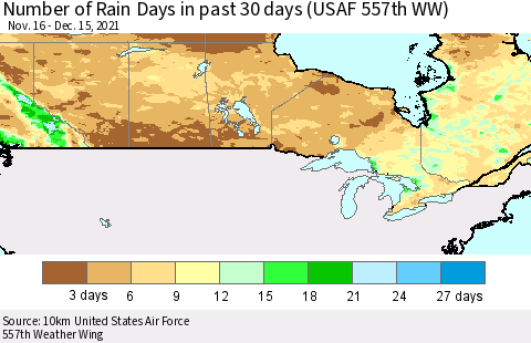 Canada Number of Rain Days in past 30 days (USAF 557th WW) 12/15/2021 Thematic Map For 12/11/2021 - 12/15/2021