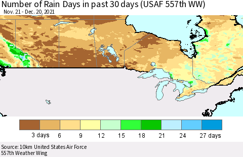 Canada Number of Rain Days in past 30 days (USAF 557th WW) 12/20/2021 Thematic Map For 12/16/2021 - 12/20/2021