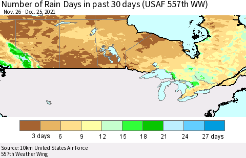 Canada Number of Rain Days in past 30 days (USAF 557th WW) 12/25/2021 Thematic Map For 12/21/2021 - 12/25/2021