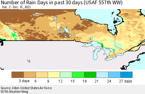 Canada Number of Rain Days in past 30 days (USAF 557th WW) 12/31/2021 Thematic Map For 12/26/2021 - 12/31/2021