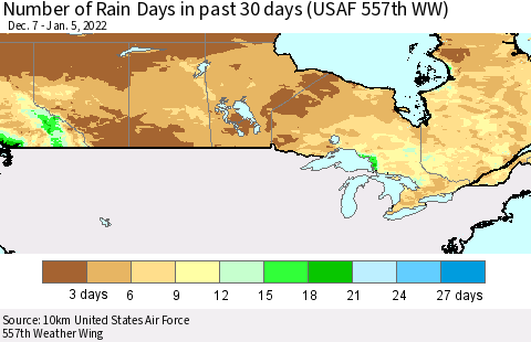 Canada Number of Rain Days in past 30 days (USAF 557th WW) 01/05/2022 Thematic Map For 1/1/2022 - 1/5/2022