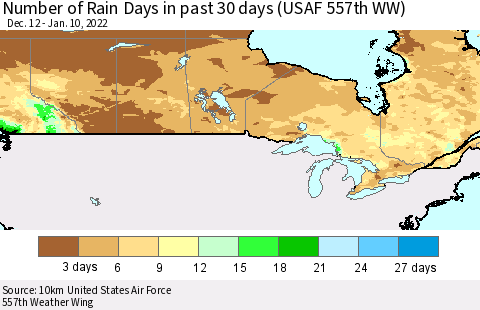 Canada Number of Rain Days in past 30 days (USAF 557th WW) 01/10/2022 Thematic Map For 1/6/2022 - 1/10/2022