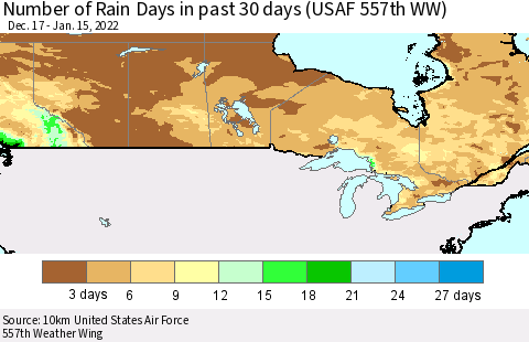 Canada Number of Rain Days in past 30 days (USAF 557th WW) 01/15/2022 Thematic Map For 1/11/2022 - 1/15/2022