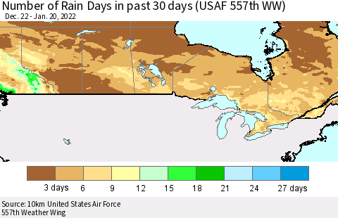 Canada Number of Rain Days in past 30 days (USAF 557th WW) 01/20/2022 Thematic Map For 1/16/2022 - 1/20/2022