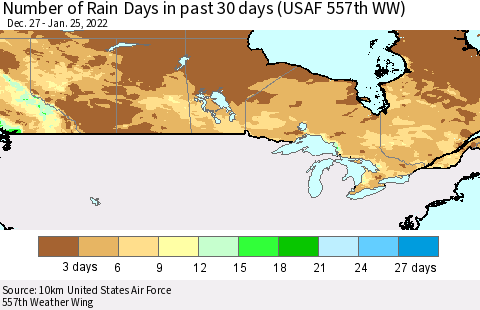 Canada Number of Rain Days in past 30 days (USAF 557th WW) 01/25/2022 Thematic Map For 1/21/2022 - 1/25/2022