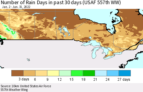 Canada Number of Rain Days in past 30 days (USAF 557th WW) 01/31/2022 Thematic Map For 1/26/2022 - 1/31/2022
