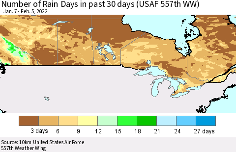 Canada Number of Rain Days in past 30 days (USAF 557th WW) 02/05/2022 Thematic Map For 2/1/2022 - 2/5/2022