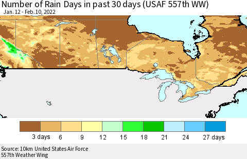 Canada Number of Rain Days in past 30 days (USAF 557th WW) 02/10/2022 Thematic Map For 2/6/2022 - 2/10/2022