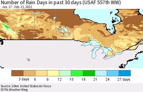 Canada Number of Rain Days in past 30 days (USAF 557th WW) 02/15/2022 Thematic Map For 2/11/2022 - 2/15/2022