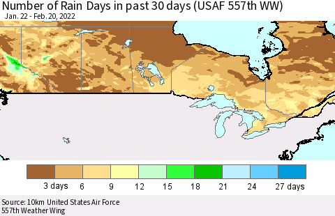 Canada Number of Rain Days in past 30 days (USAF 557th WW) 02/20/2022 Thematic Map For 2/16/2022 - 2/20/2022