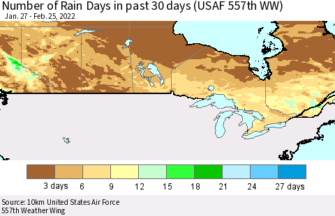 Canada Number of Rain Days in past 30 days (USAF 557th WW) 02/25/2022 Thematic Map For 2/21/2022 - 2/25/2022
