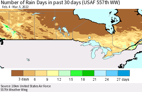 Canada Number of Rain Days in past 30 days (USAF 557th WW) 03/05/2022 Thematic Map For 3/1/2022 - 3/5/2022