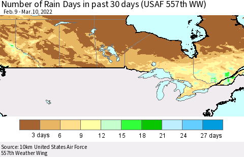 Canada Number of Rain Days in past 30 days (USAF 557th WW) 03/10/2022 Thematic Map For 3/6/2022 - 3/10/2022