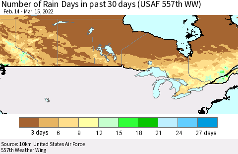 Canada Number of Rain Days in past 30 days (USAF 557th WW) 03/15/2022 Thematic Map For 3/11/2022 - 3/15/2022