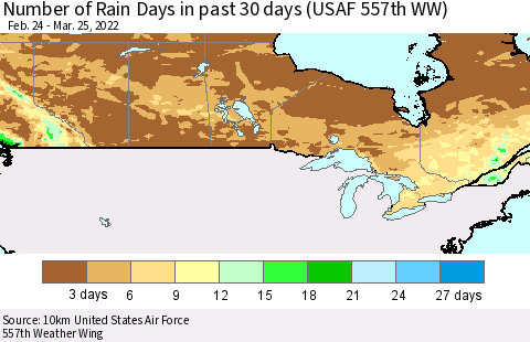 Canada Number of Rain Days in past 30 days (USAF 557th WW) 03/25/2022 Thematic Map For 3/21/2022 - 3/25/2022
