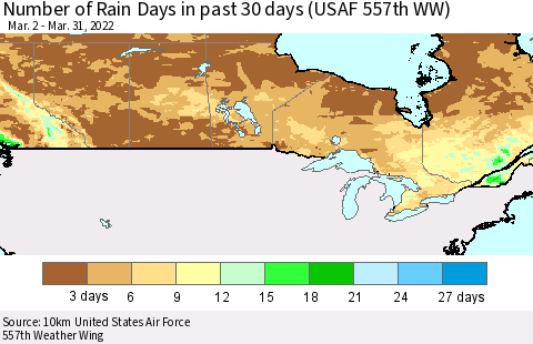 Canada Number of Rain Days in past 30 days (USAF 557th WW) 03/31/2022 Thematic Map For 3/26/2022 - 3/31/2022