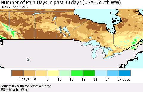 Canada Number of Rain Days in past 30 days (USAF 557th WW) 04/05/2022 Thematic Map For 4/1/2022 - 4/5/2022