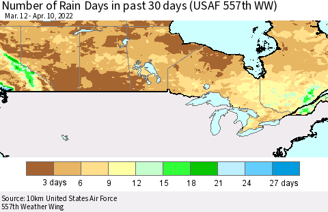 Canada Number of Rain Days in past 30 days (USAF 557th WW) 04/10/2022 Thematic Map For 4/6/2022 - 4/10/2022