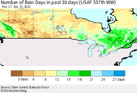 Canada Number of Rain Days in past 30 days (USAF 557th WW) 04/15/2022 Thematic Map For 4/11/2022 - 4/15/2022
