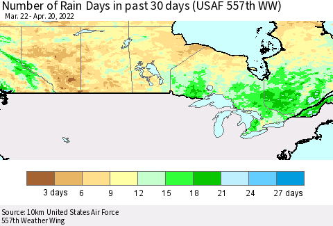 Canada Number of Rain Days in past 30 days (USAF 557th WW) 04/20/2022 Thematic Map For 4/16/2022 - 4/20/2022