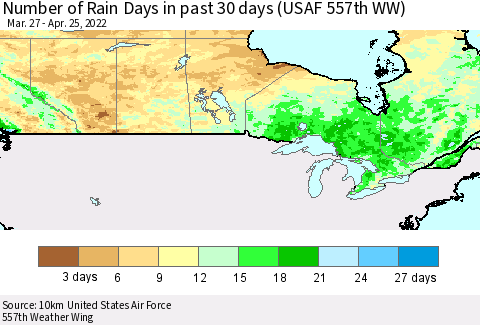 Canada Number of Rain Days in past 30 days (USAF 557th WW) 04/25/2022 Thematic Map For 4/21/2022 - 4/25/2022