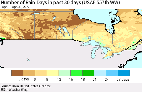 Canada Number of Rain Days in past 30 days (USAF 557th WW) 04/30/2022 Thematic Map For 4/26/2022 - 4/30/2022