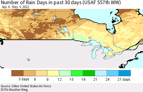 Canada Number of Rain Days in past 30 days (USAF 557th WW) 05/05/2022 Thematic Map For 5/1/2022 - 5/5/2022