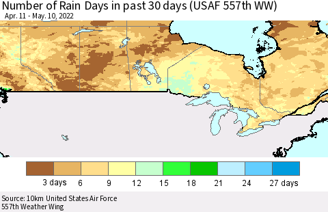 Canada Number of Rain Days in past 30 days (USAF 557th WW) 05/10/2022 Thematic Map For 5/6/2022 - 5/10/2022