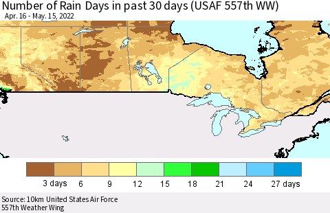 Canada Number of Rain Days in past 30 days (USAF 557th WW) 05/15/2022 Thematic Map For 5/11/2022 - 5/15/2022