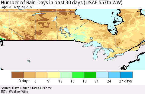 Canada Number of Rain Days in past 30 days (USAF 557th WW) 05/20/2022 Thematic Map For 5/16/2022 - 5/20/2022