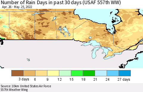 Canada Number of Rain Days in past 30 days (USAF 557th WW) 05/25/2022 Thematic Map For 5/21/2022 - 5/25/2022