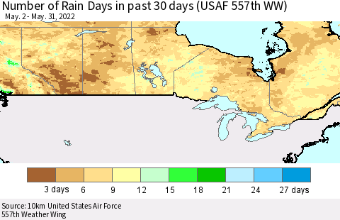 Canada Number of Rain Days in past 30 days (USAF 557th WW) 05/31/2022 Thematic Map For 5/26/2022 - 5/31/2022