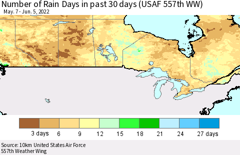 Canada Number of Rain Days in past 30 days (USAF 557th WW) 06/05/2022 Thematic Map For 6/1/2022 - 6/5/2022