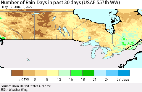 Canada Number of Rain Days in past 30 days (USAF 557th WW) 06/10/2022 Thematic Map For 6/6/2022 - 6/10/2022