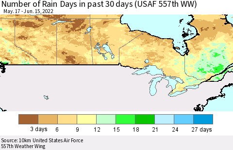 Canada Number of Rain Days in past 30 days (USAF 557th WW) 06/15/2022 Thematic Map For 6/11/2022 - 6/15/2022