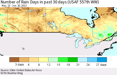 Canada Number of Rain Days in past 30 days (USAF 557th WW) 06/20/2022 Thematic Map For 6/16/2022 - 6/20/2022