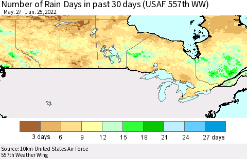 Canada Number of Rain Days in past 30 days (USAF 557th WW) 06/25/2022 Thematic Map For 6/21/2022 - 6/25/2022