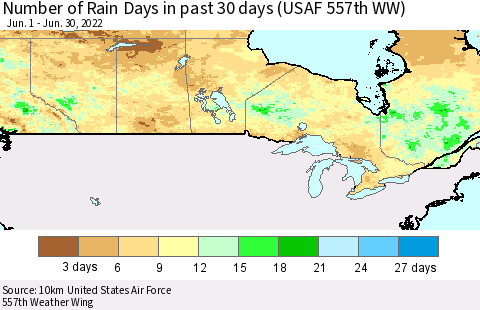 Canada Number of Rain Days in past 30 days (USAF 557th WW) 06/30/2022 Thematic Map For 6/26/2022 - 6/30/2022