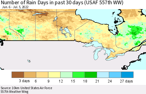 Canada Number of Rain Days in past 30 days (USAF 557th WW) 07/05/2022 Thematic Map For 7/1/2022 - 7/5/2022
