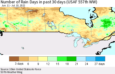 Canada Number of Rain Days in past 30 days (USAF 557th WW) 07/10/2022 Thematic Map For 7/6/2022 - 7/10/2022