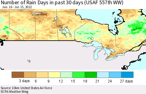 Canada Number of Rain Days in past 30 days (USAF 557th WW) 07/15/2022 Thematic Map For 7/11/2022 - 7/15/2022