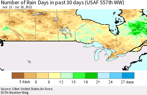 Canada Number of Rain Days in past 30 days (USAF 557th WW) 07/20/2022 Thematic Map For 7/16/2022 - 7/20/2022