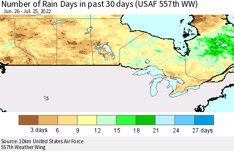 Canada Number of Rain Days in past 30 days (USAF 557th WW) 07/25/2022 Thematic Map For 7/21/2022 - 7/25/2022
