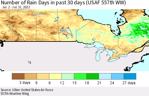 Canada Number of Rain Days in past 30 days (USAF 557th WW) 07/31/2022 Thematic Map For 7/26/2022 - 7/31/2022