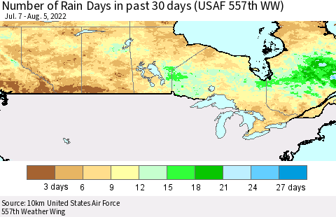 Canada Number of Rain Days in past 30 days (USAF 557th WW) 08/05/2022 Thematic Map For 8/1/2022 - 8/5/2022