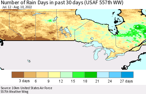 Canada Number of Rain Days in past 30 days (USAF 557th WW) 08/10/2022 Thematic Map For 8/6/2022 - 8/10/2022