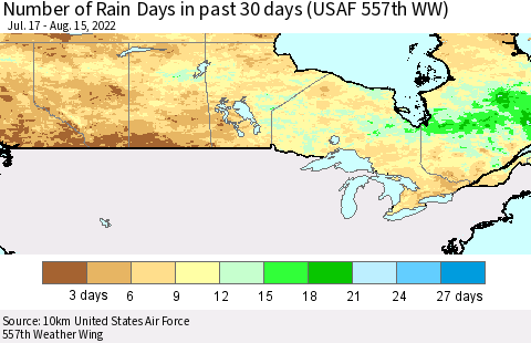 Canada Number of Rain Days in past 30 days (USAF 557th WW) 08/15/2022 Thematic Map For 8/11/2022 - 8/15/2022