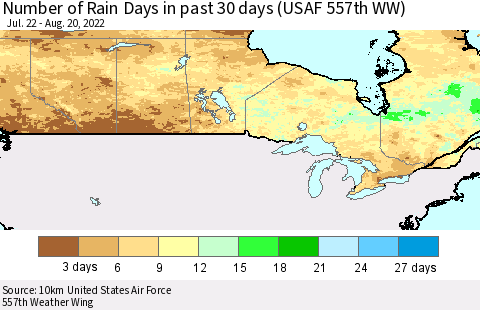 Canada Number of Rain Days in past 30 days (USAF 557th WW) 08/20/2022 Thematic Map For 8/16/2022 - 8/20/2022