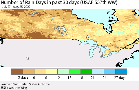 Canada Number of Rain Days in past 30 days (USAF 557th WW) 08/25/2022 Thematic Map For 8/21/2022 - 8/25/2022